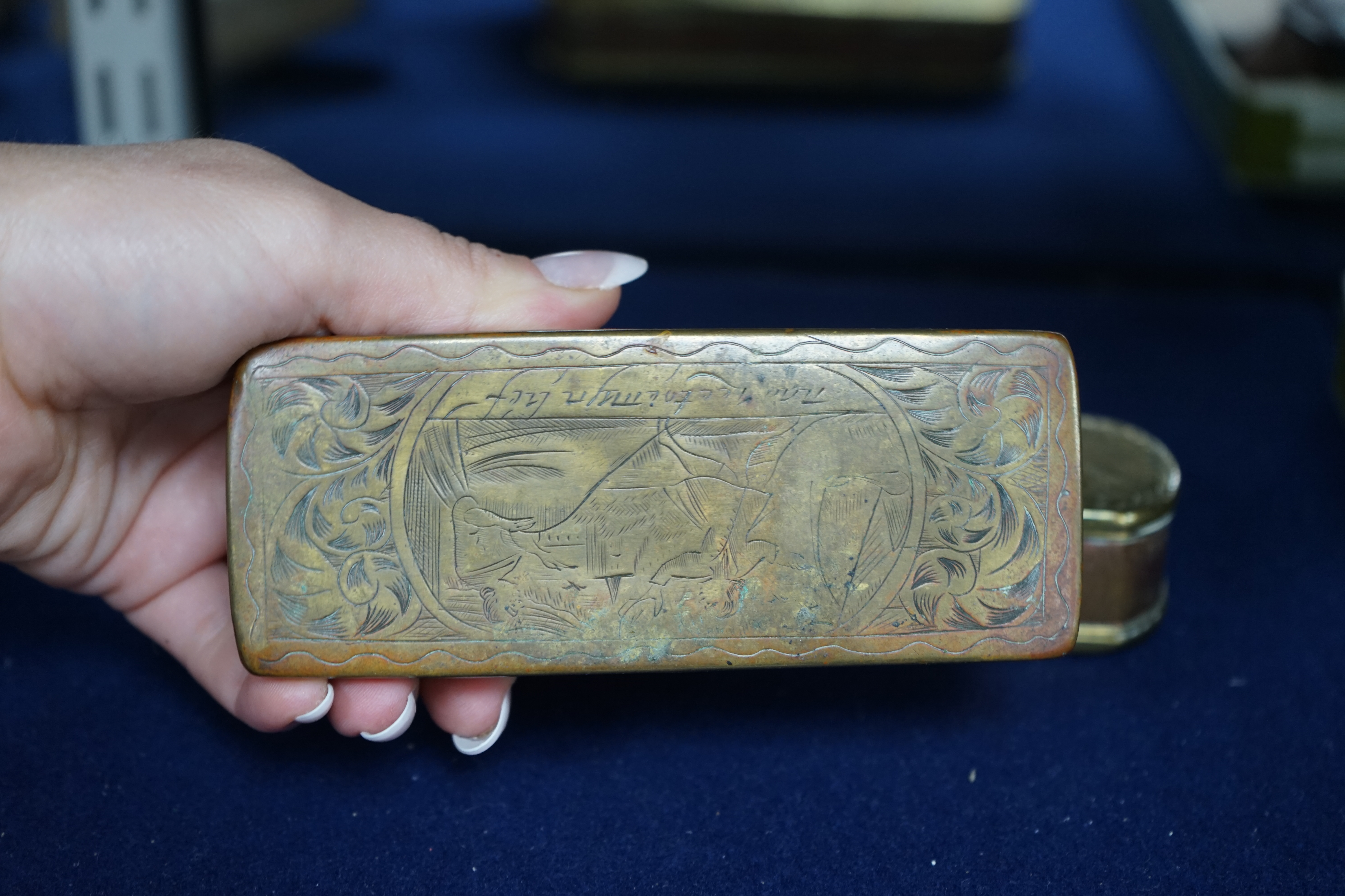 Two 18th century Dutch brass and copper tobacco boxes, longest 15.5cm. Condition - fair